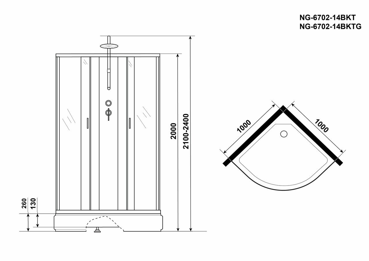 Душевая кабина Niagara NG-6702-14BKT (1000х1000х2100-2400) средний  поддон(26см) стекло ПРОЗРАЧНОЕ черные профиля 4 мест по 37 000 руб. —  купить в Москве в интернет-магазине